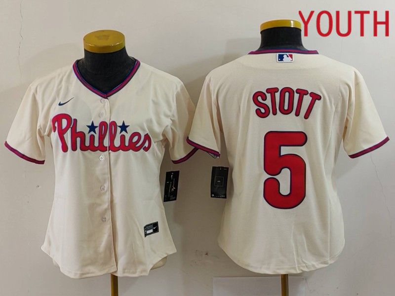 Youth Philadelphia Phillies #5 Stott Cream Game 2024 Nike MLB Jersey style 1->youth mlb jersey->Youth Jersey